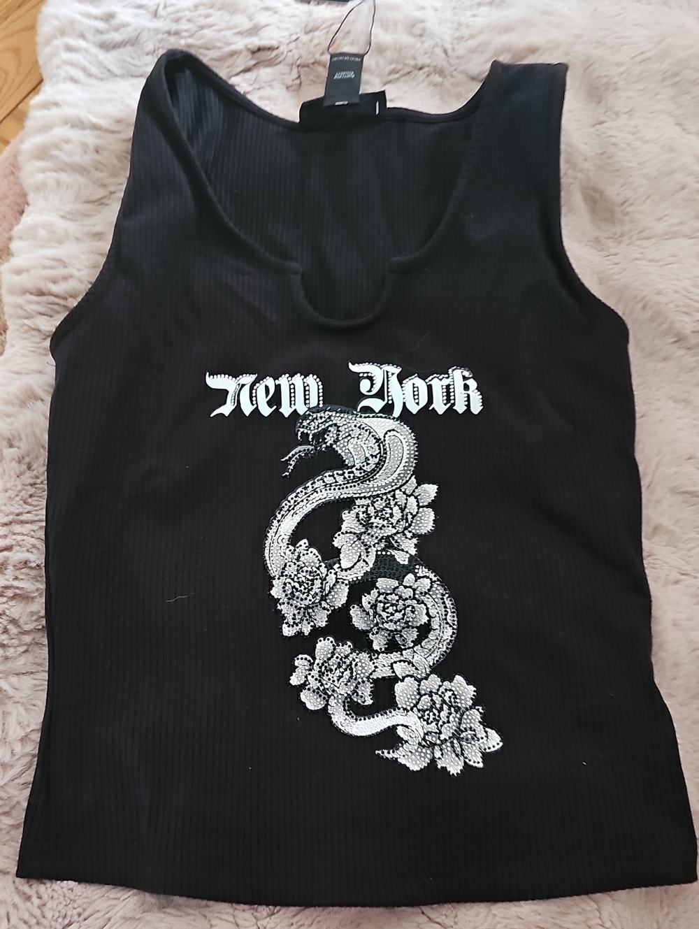 Arden B Black Ribbed Tank with White Snake & Floral Graphic